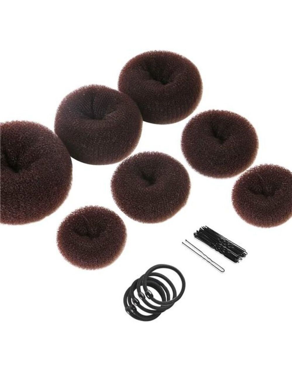 Hair bun maker set donut bun rings 7pcs elastic bands hair pins for dark brown h